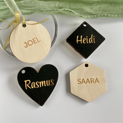 Wooden name tags in various shapes