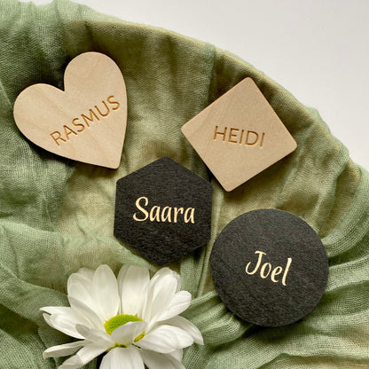 Wooden name tags in various shapes