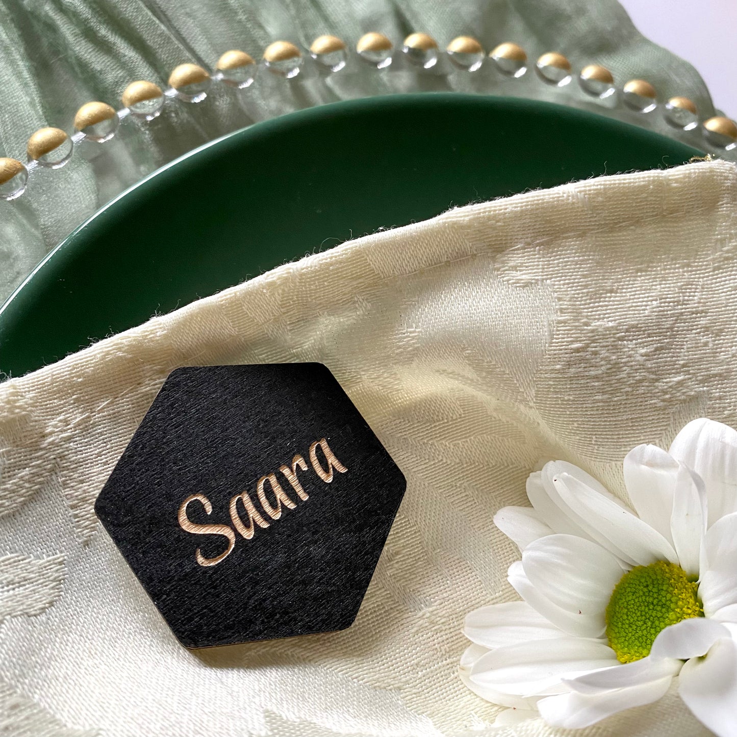 Wooden name tags in various shapes