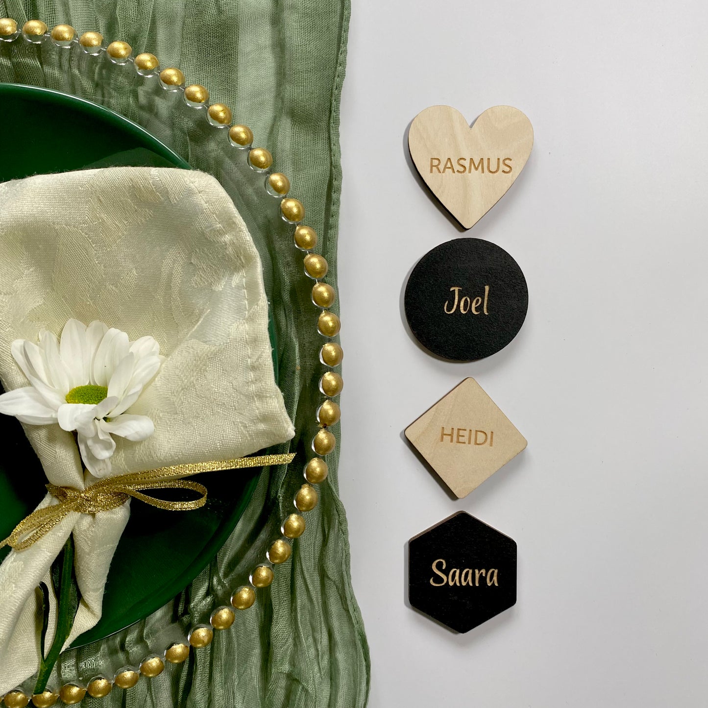 Wooden name tags in various shapes